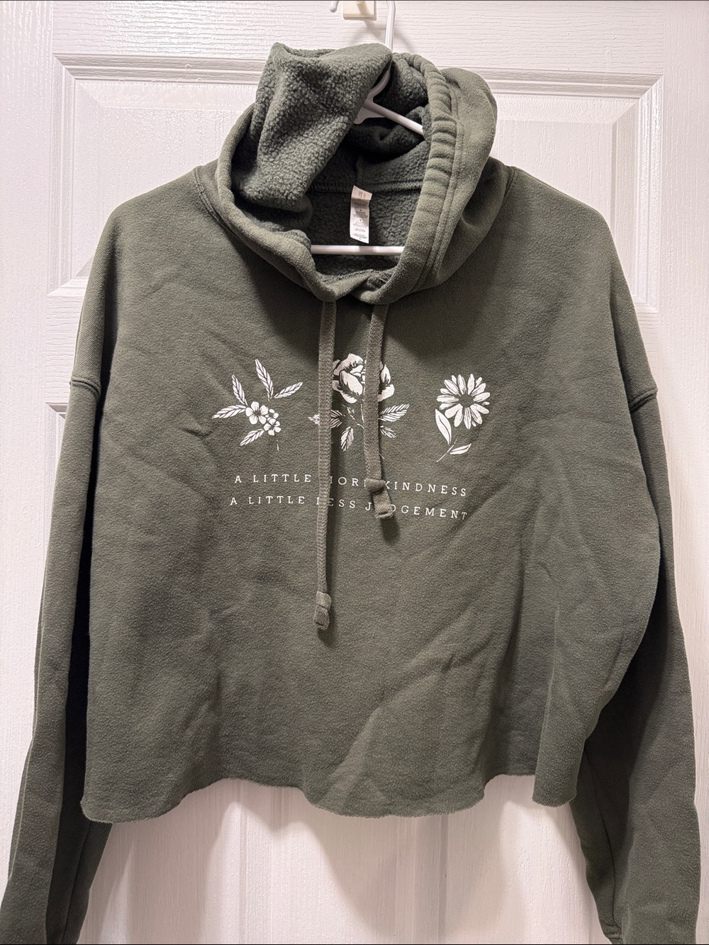 Bella Canvas Olive Green Funnel-Neck Sweatshirt with White Floral Graphic